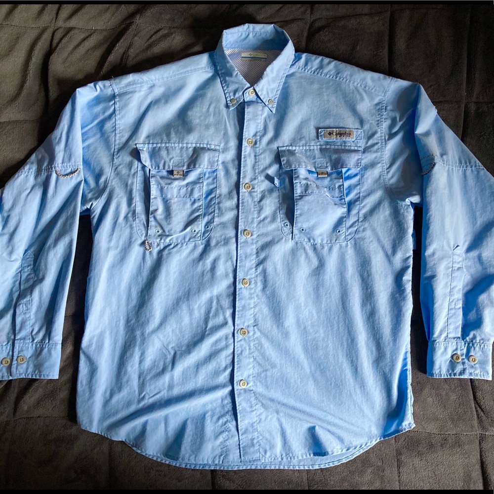Columbia PFG light blue long sleeve outdoor shirt.